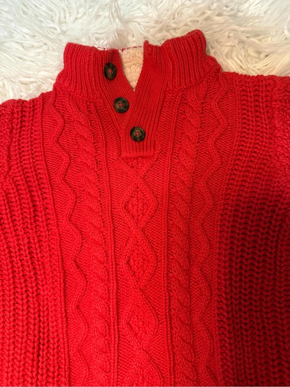 GAP Red Cable-Knit Button Mock Neck Sweater